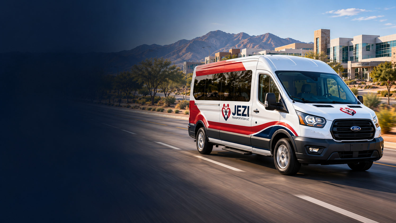 A JEZI Transportation medical transport van on the road near a healthcare campus
